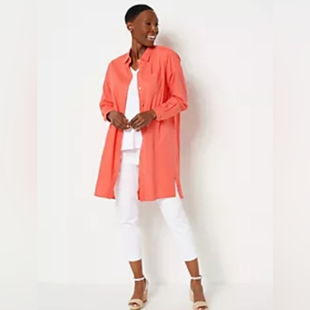 Encore by Idina Menzel Relaxed Linen Blend Button Down Shirt Dress Petite Large